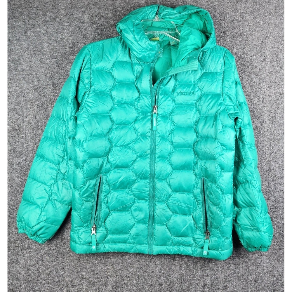Marmot‎ Puffer Jacket Youth Large Teal Green 700 Fill Down Hooded Hex Quilt
